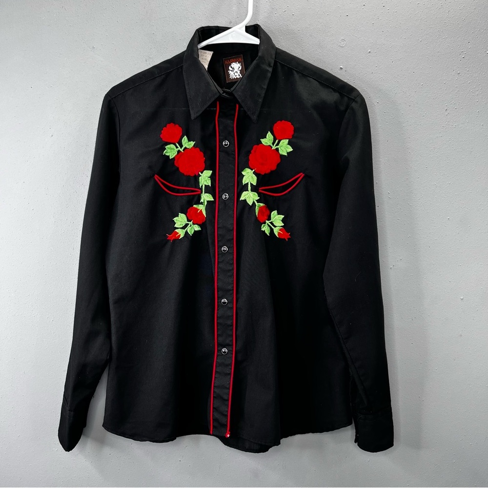 Vintage Karman Western Shirt 36 Women Pearl Snap Red Embroidered Rose Rockabilly